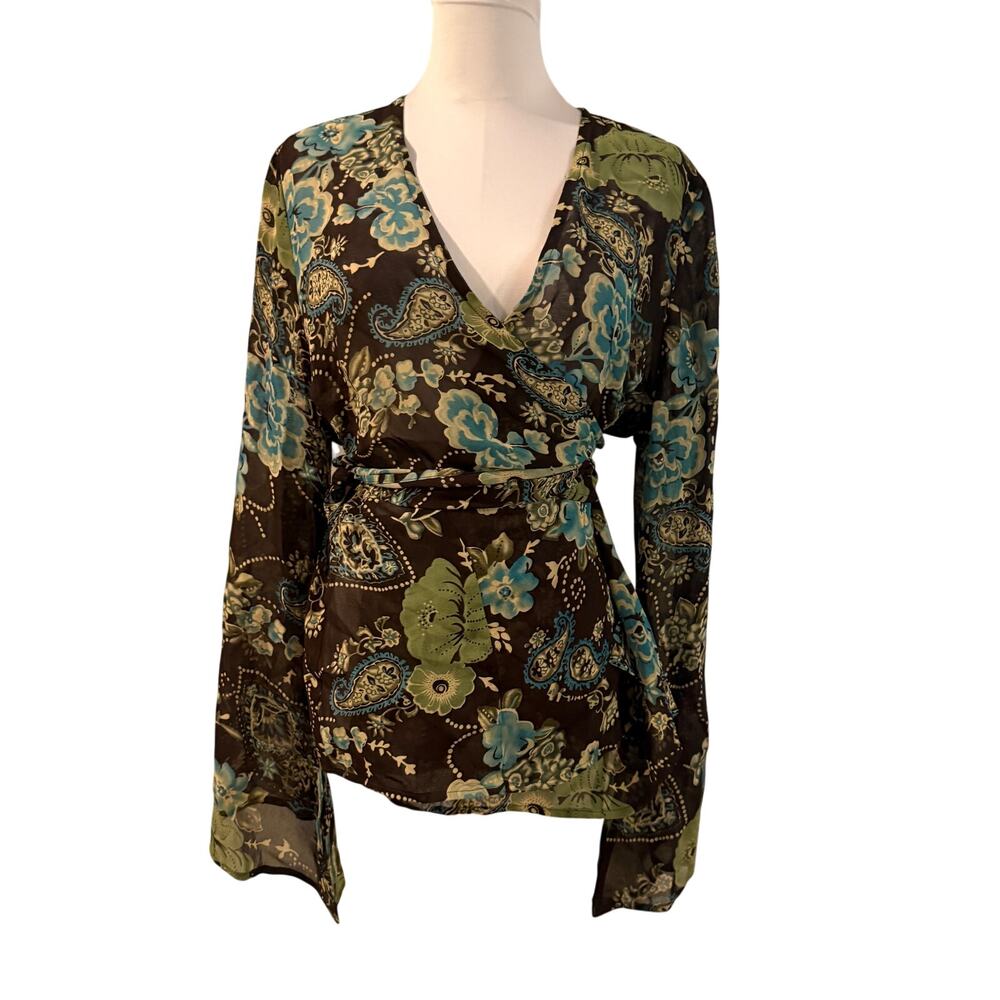 Dressbarn Brown Floral Paisley Wrap Blouse Bell Sleeve Sheer Tie Top XL Boho